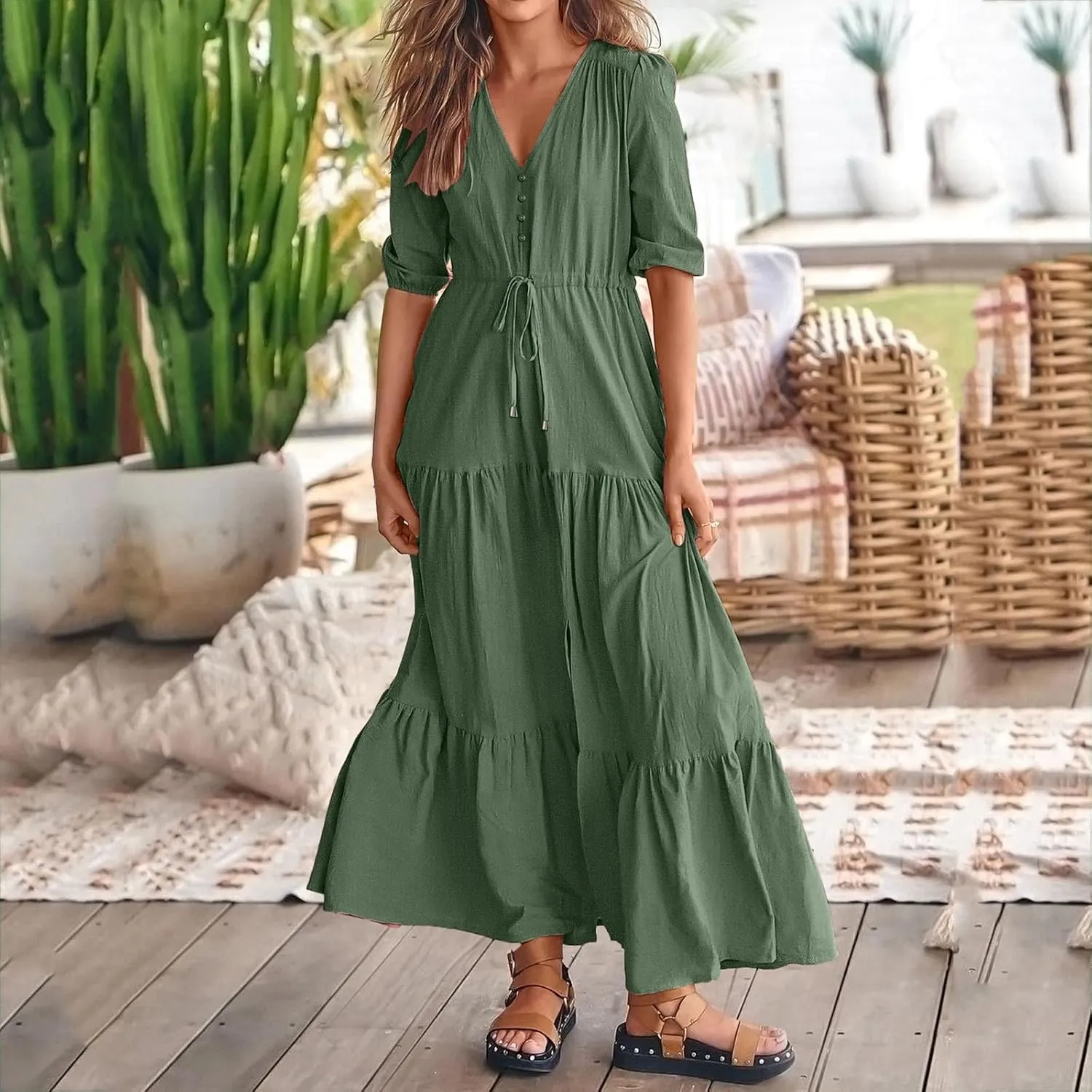 Women Summer Dresses Short Sleeves V Neck Button Drawstring Maxi Dresses Solid Color Boho Long Dresses Lace Cap