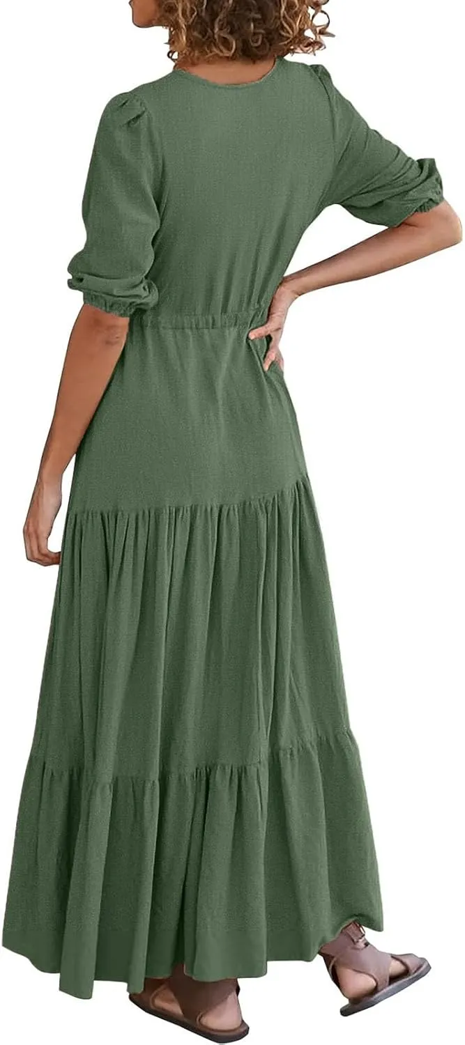 Women Summer Dresses Short Sleeves V Neck Button Drawstring Maxi Dresses Solid Color Boho Long Dresses Lace Cap
