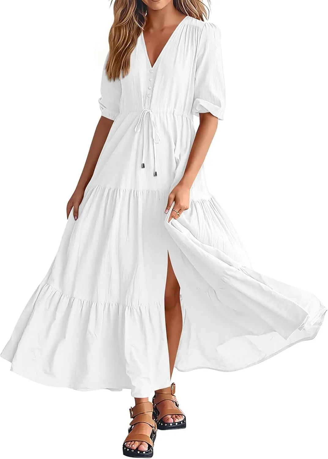 Women Summer Dresses Short Sleeves V Neck Button Drawstring Maxi Dresses Solid Color Boho Long Dresses Lace Cap