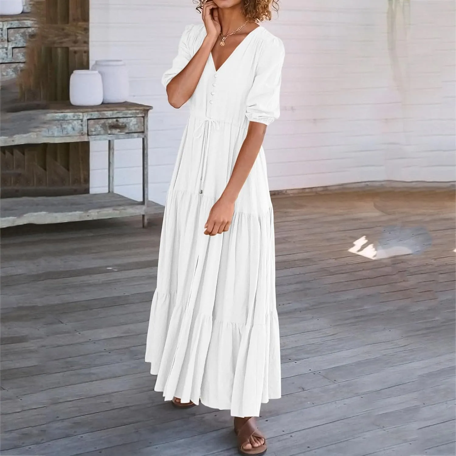 Women Summer Dresses Short Sleeves V Neck Button Drawstring Maxi Dresses Solid Color Boho Long Dresses Lace Cap