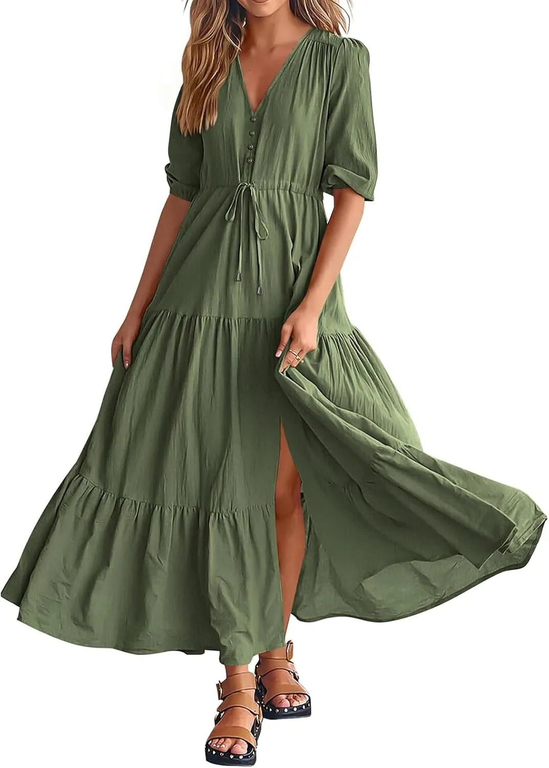 Women Summer Dresses Short Sleeves V Neck Button Drawstring Maxi Dresses Solid Color Boho Long Dresses Lace Cap