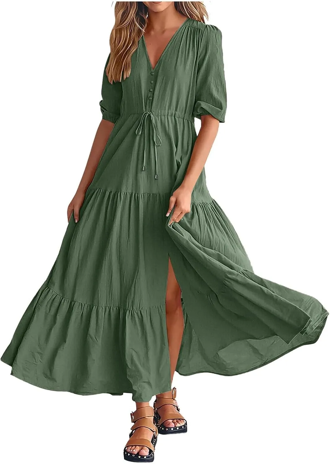 Women Summer Dresses Short Sleeves V Neck Button Drawstring Maxi Dresses Solid Color Boho Long Dresses Lace Cap