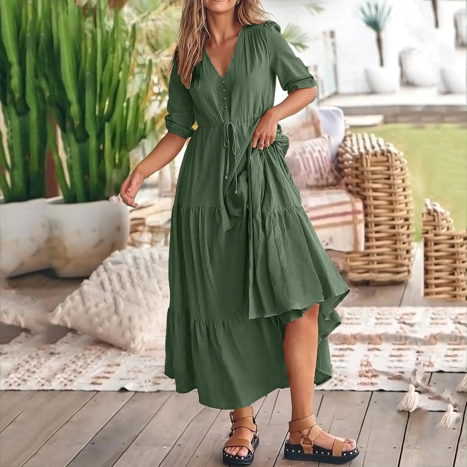 Women Summer Dresses Short Sleeves V Neck Button Drawstring Maxi Dresses Solid Color Boho Long Dresses Lace Cap