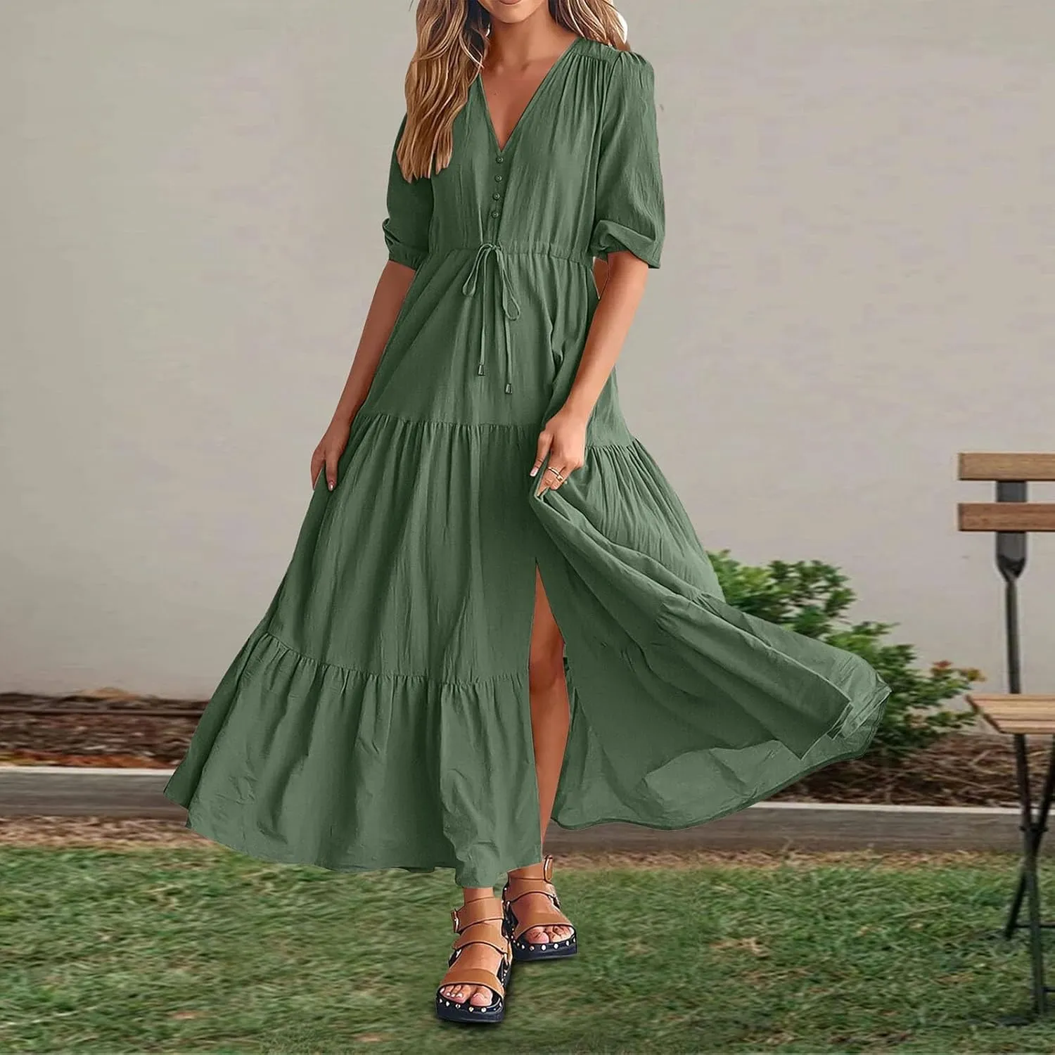 Women Summer Dresses Short Sleeves V Neck Button Drawstring Maxi Dresses Solid Color Boho Long Dresses Lace Cap