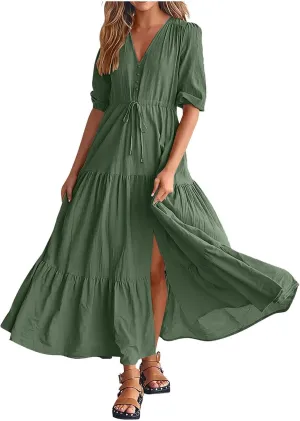 Women Summer Dresses Short Sleeves V Neck Button Drawstring Maxi Dresses Solid Color Boho Long Dresses Lace Cap