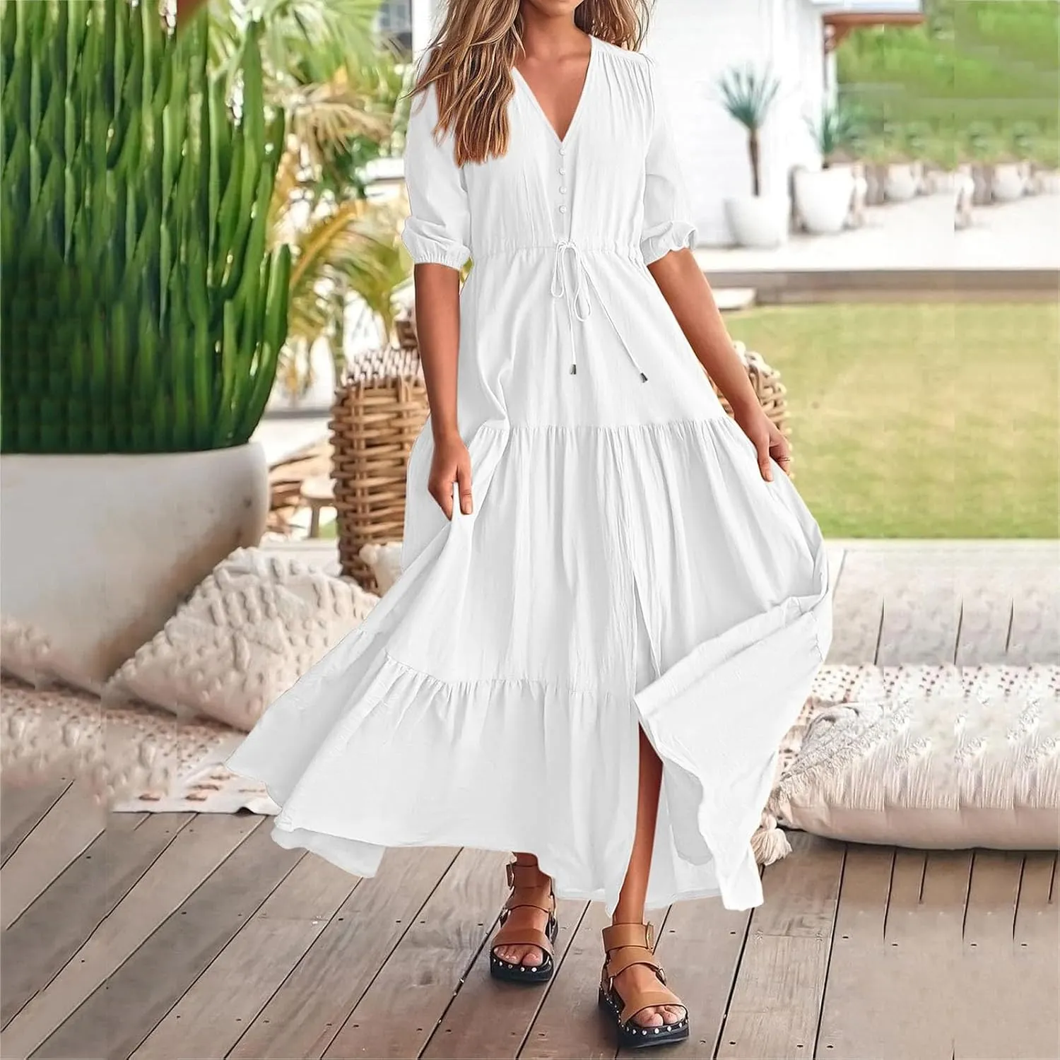 Women Summer Dresses Short Sleeves V Neck Button Drawstring Maxi Dresses Solid Color Boho Long Dresses Lace Cap