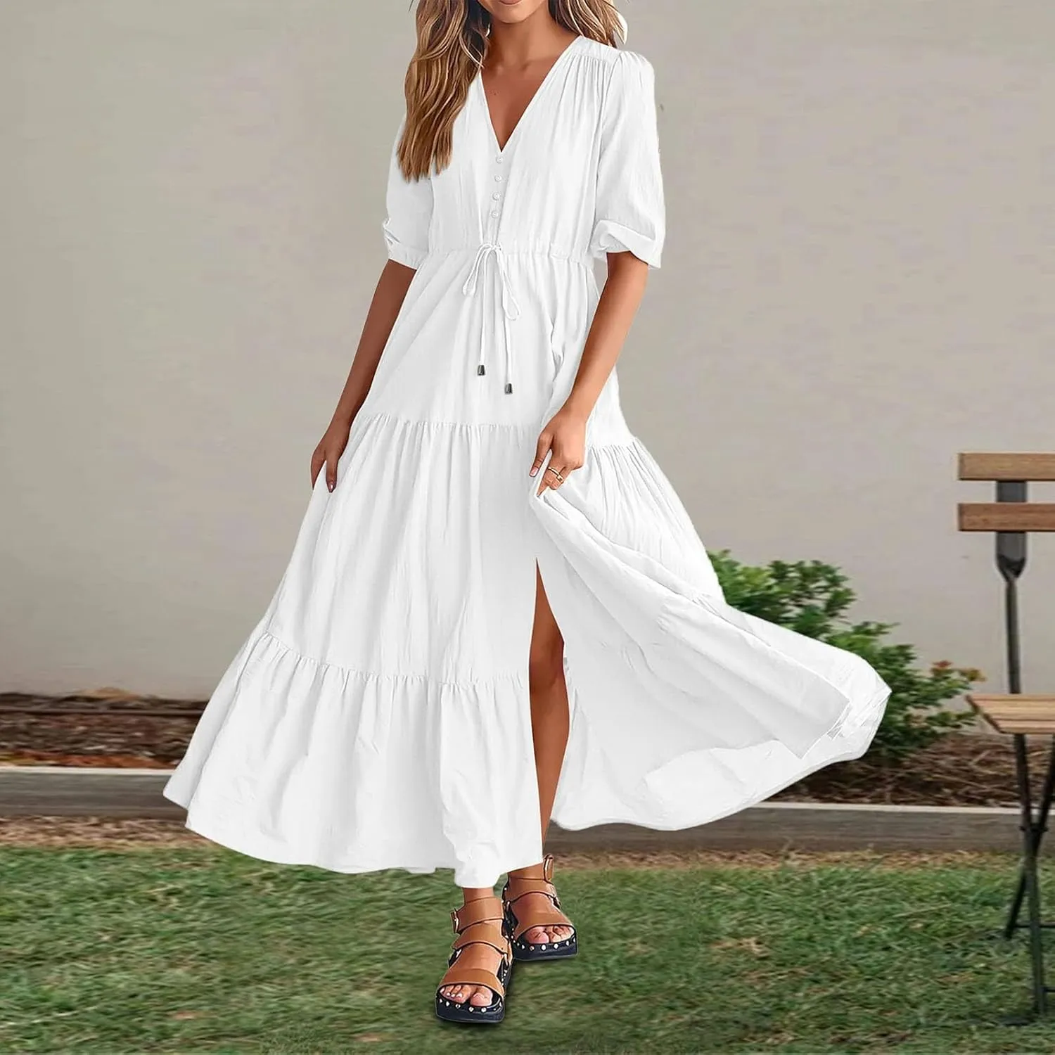 Women Summer Dresses Short Sleeves V Neck Button Drawstring Maxi Dresses Solid Color Boho Long Dresses Lace Cap