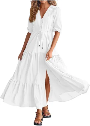 Women Summer Dresses Short Sleeves V Neck Button Drawstring Maxi Dresses Solid Color Boho Long Dresses Lace Cap