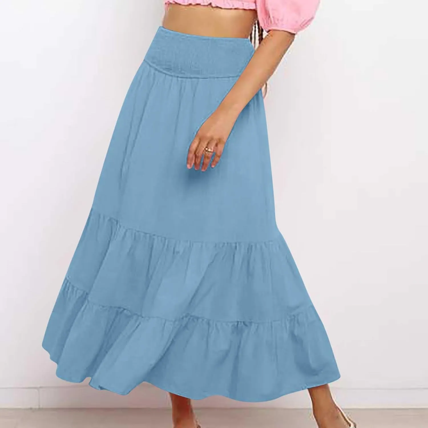Women Summer Midi Skirts Flowy Elastic High Waist Pleated Tiered Casual Swing Boho A Line Ruffle Skirt