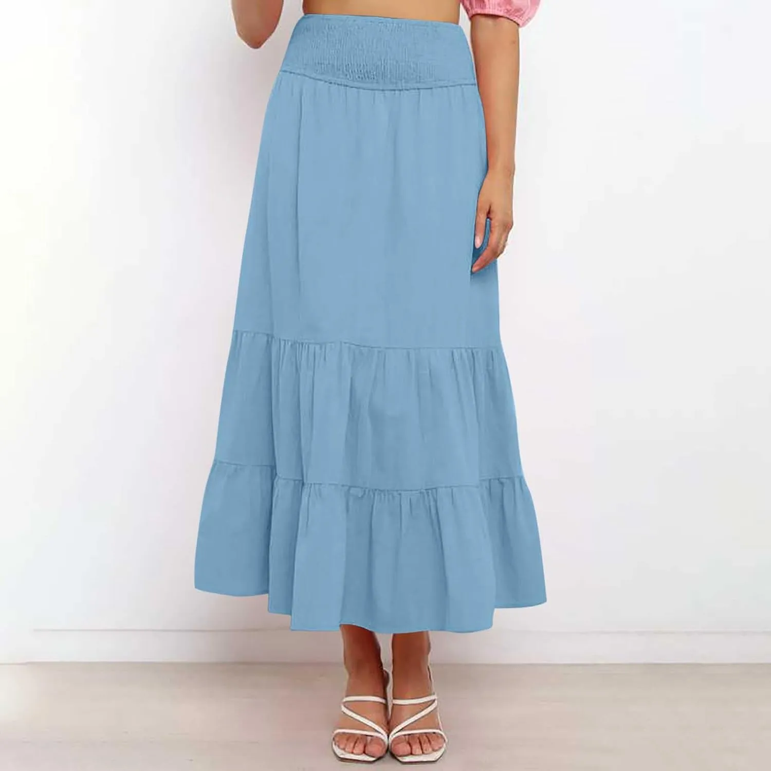 Women Summer Midi Skirts Flowy Elastic High Waist Pleated Tiered Casual Swing Boho A Line Ruffle Skirt