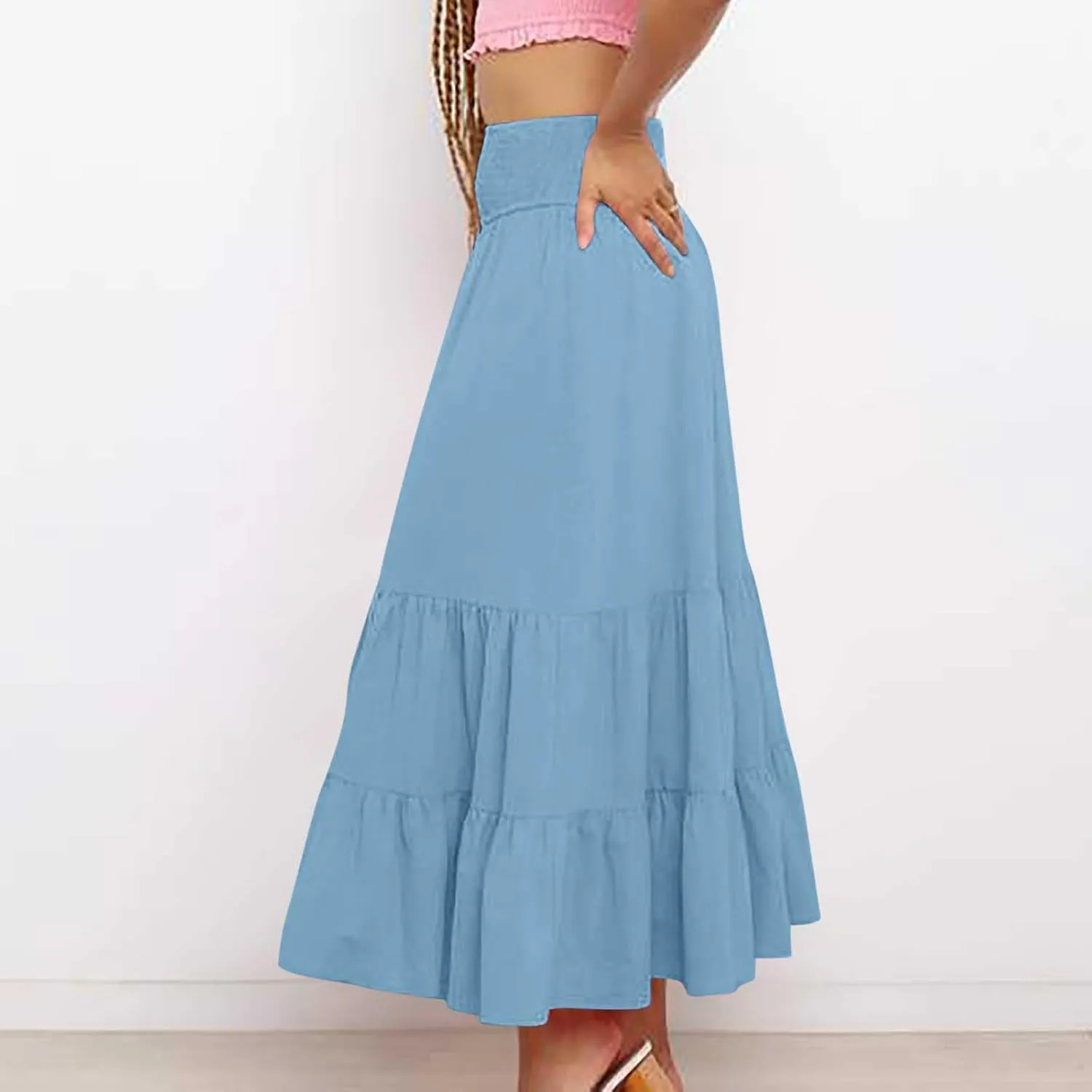 Women Summer Midi Skirts Flowy Elastic High Waist Pleated Tiered Casual Swing Boho A Line Ruffle Skirt