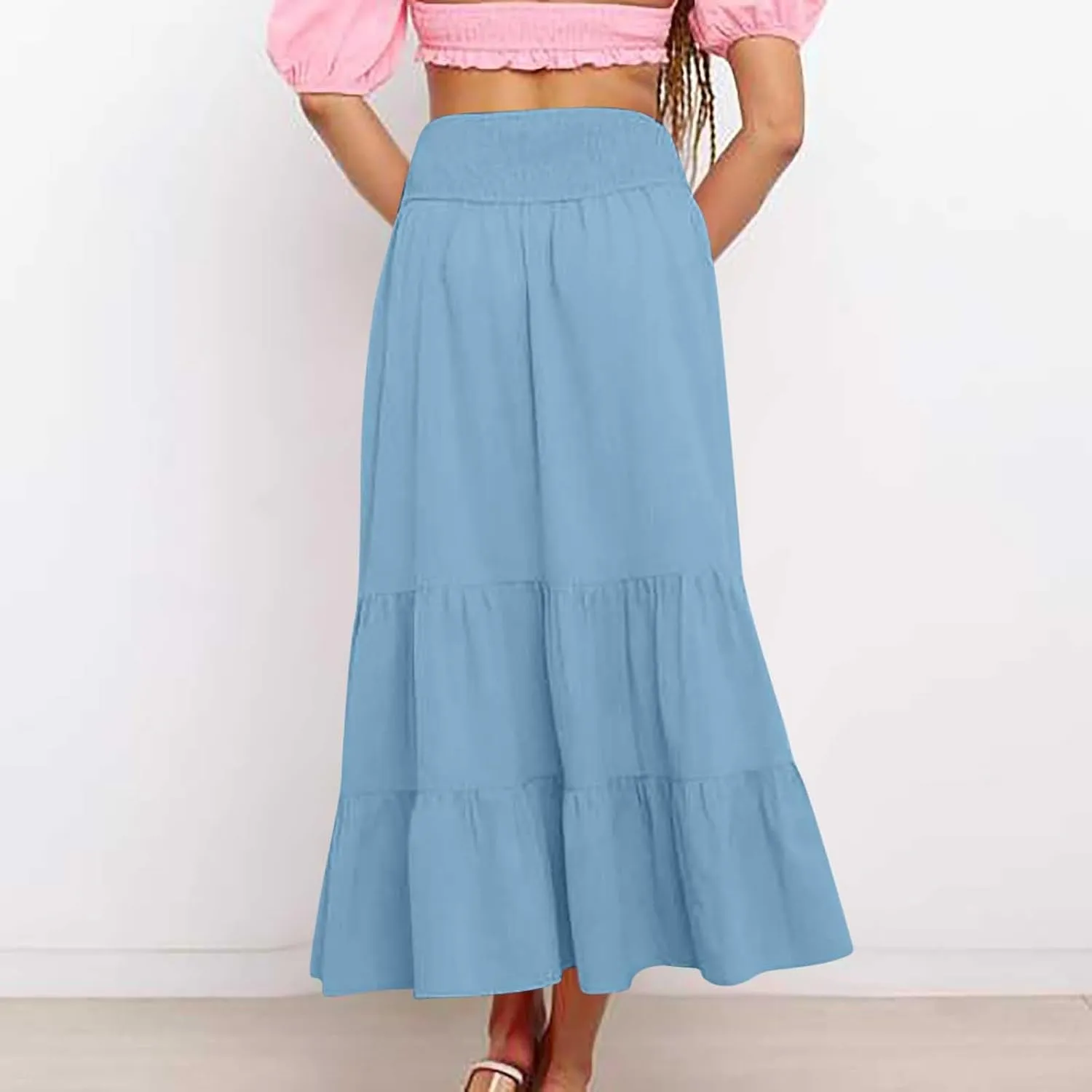Women Summer Midi Skirts Flowy Elastic High Waist Pleated Tiered Casual Swing Boho A Line Ruffle Skirt