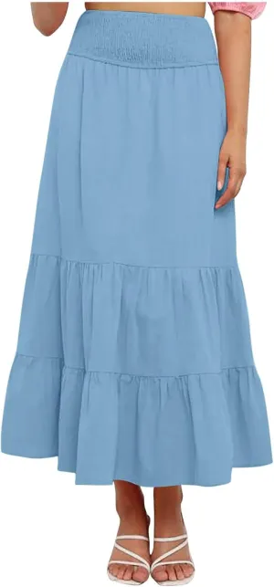 Women Summer Midi Skirts Flowy Elastic High Waist Pleated Tiered Casual Swing Boho A Line Ruffle Skirt
