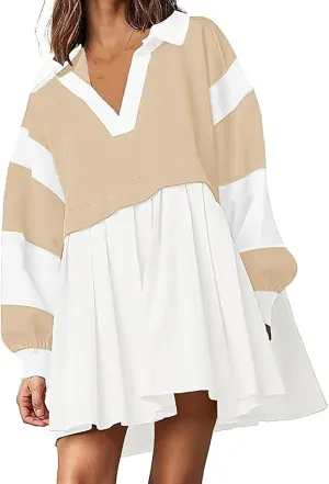 Women Sweatshirt Dress Patchwork Oversized Trendy Long Sleeve Lapel Color Block Pullover Dress 2024 Fall Short Dress
