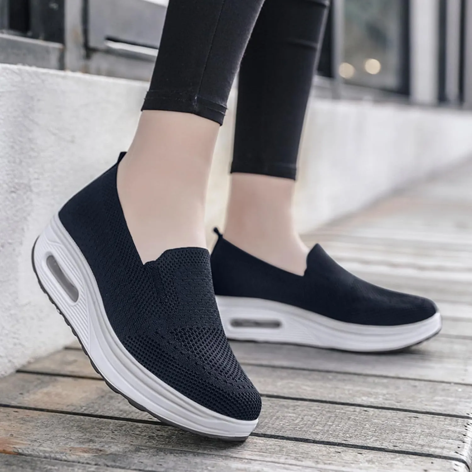 Women Wedge Shoes Breathable Mesh Sneakers Non Slip Casual Knit Boat Loafers Air Cushion Slip On Comfort Walking Shoes Comfortable Women's Orthopedic Platform Sneakers