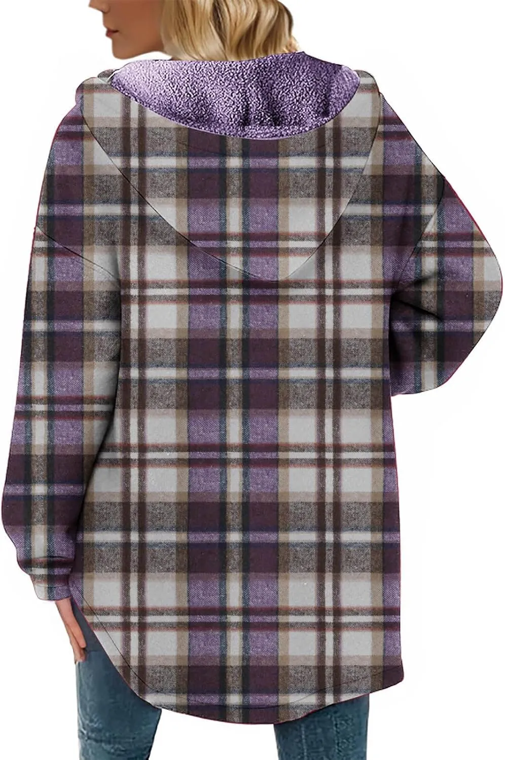 Women Wool Blend Trench Coat Plaid Trench Coat Fleece Sherpa Lined Shacket Jacket Hooded Oversized Color Block Hoodie