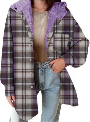 Women Wool Blend Trench Coat Plaid Trench Coat Fleece Sherpa Lined Shacket Jacket Hooded Oversized Color Block Hoodie