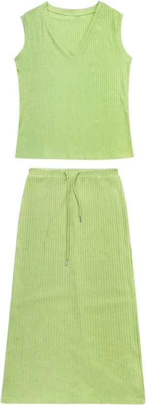 Women's 2 Piece Sweater Skirt Sets Sleeveless V Neck Knit Ribbed Vest Tops Midi Skirt Plus Size Skirt