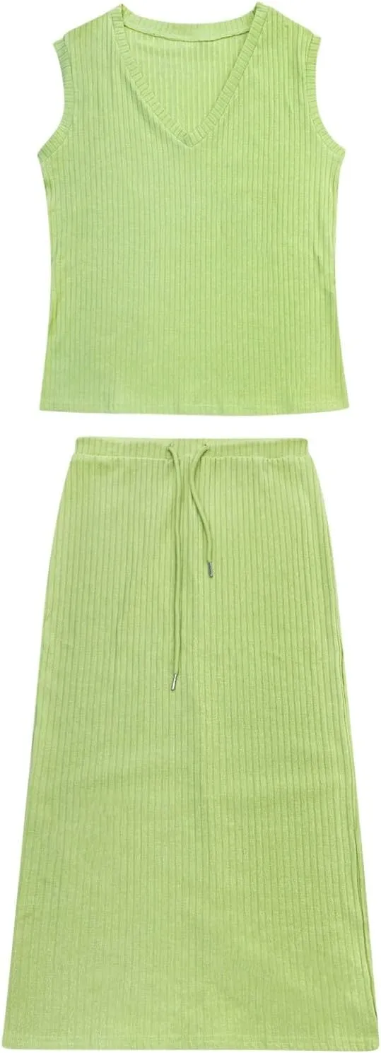 Women's 2 Piece Sweater Skirt Sets Sleeveless V Neck Knit Ribbed Vest Tops Midi Skirt Plus Size Skirt