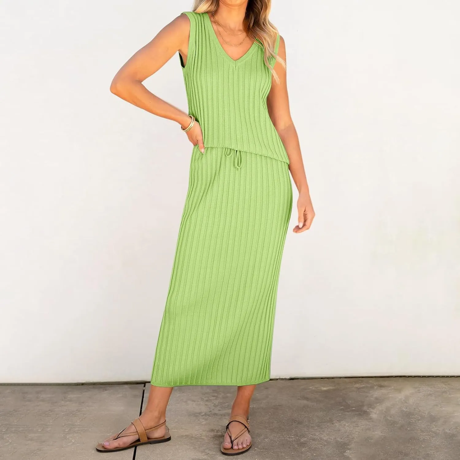 Women's 2 Piece Sweater Skirt Sets Sleeveless V Neck Knit Ribbed Vest Tops Midi Skirt Plus Size Skirt