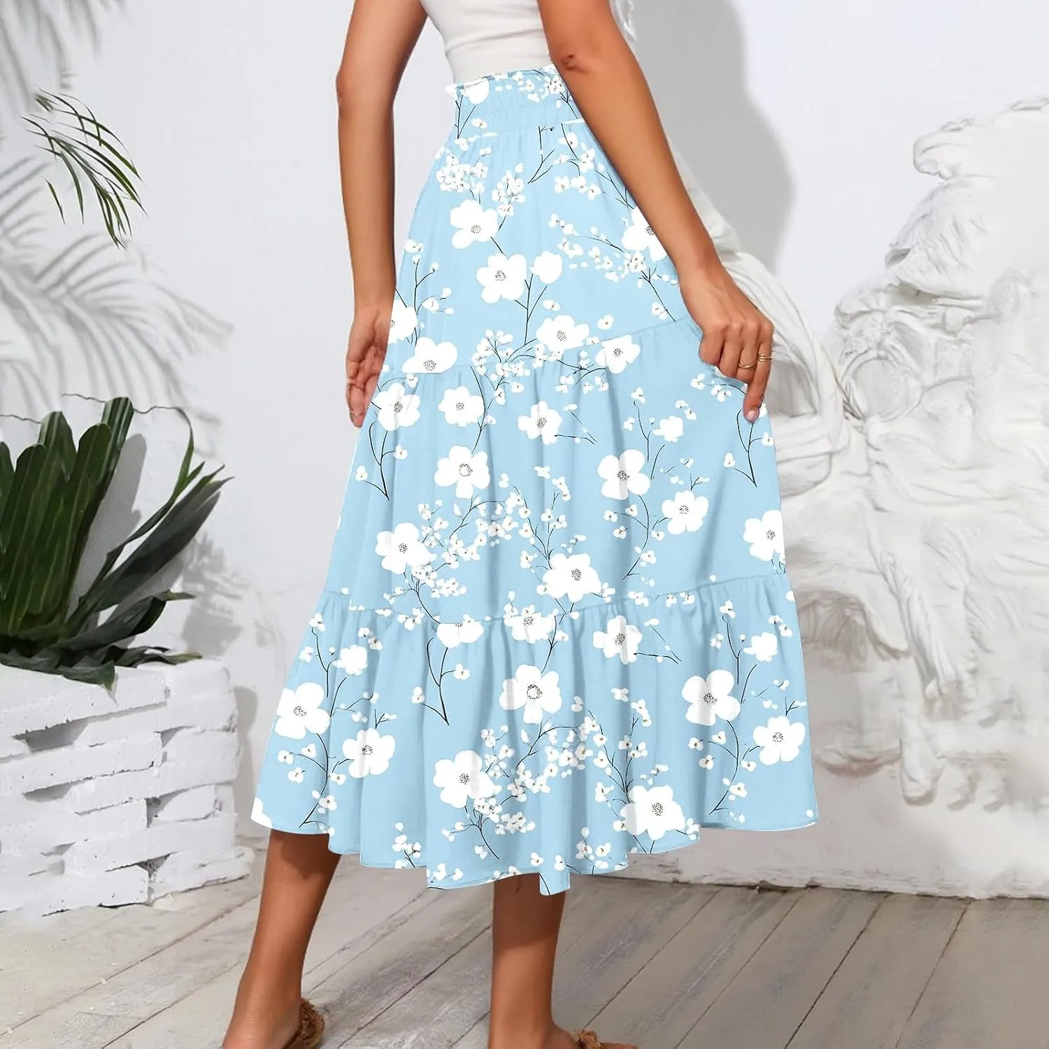 Women's 2025 Spring Summer High Waist Boho Floral Casual Flowy A Line Beach Long Skirts, S-2XL