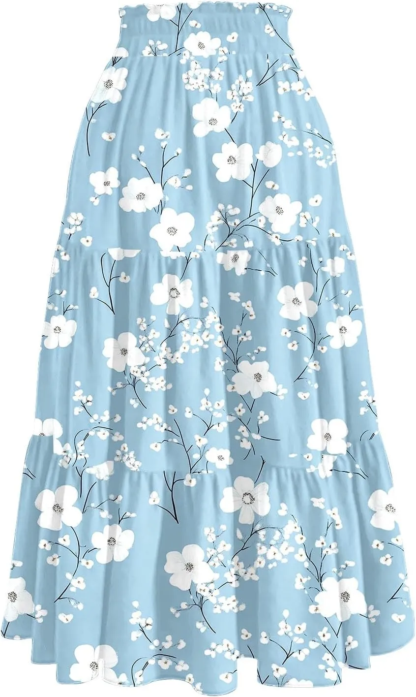 Women's 2025 Spring Summer High Waist Boho Floral Casual Flowy A Line Beach Long Skirts, S-2XL