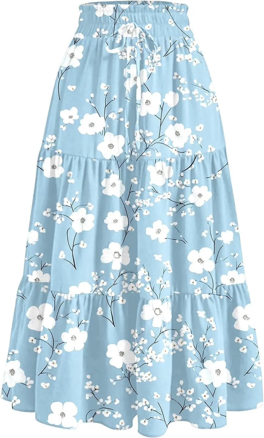 Women's 2025 Spring Summer High Waist Boho Floral Casual Flowy A Line Beach Long Skirts, S-2XL