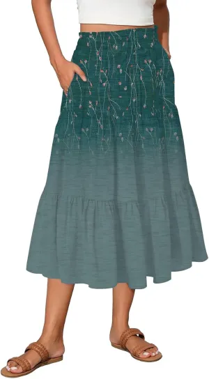 Women's 2025 Summer Bohemian Elastic Waist Gradient Flared A Line Midi Skirt with Pockets, S-2XL