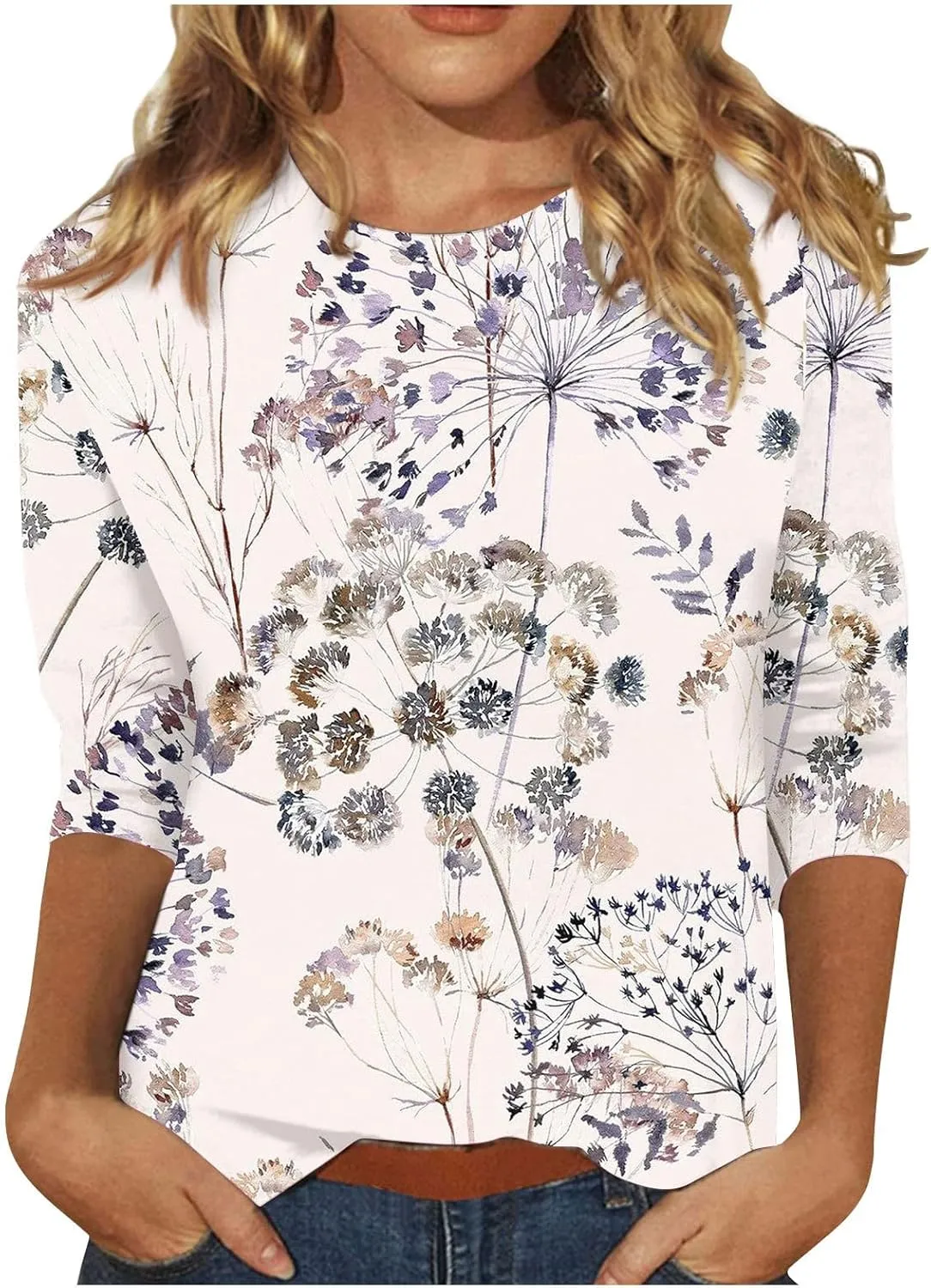 Women's 3/4 Sleeve Shirts Crew Neck Loose Tops Casual Floral Printed Tshirts Trendy Basic Tunic Summer Ladies Tops