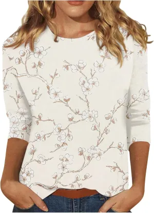 Women's 3/4 Sleeve Shirts Crew Neck Loose Tops Casual Floral Printed Tshirts Trendy Basic Tunic Summer Ladies Tops