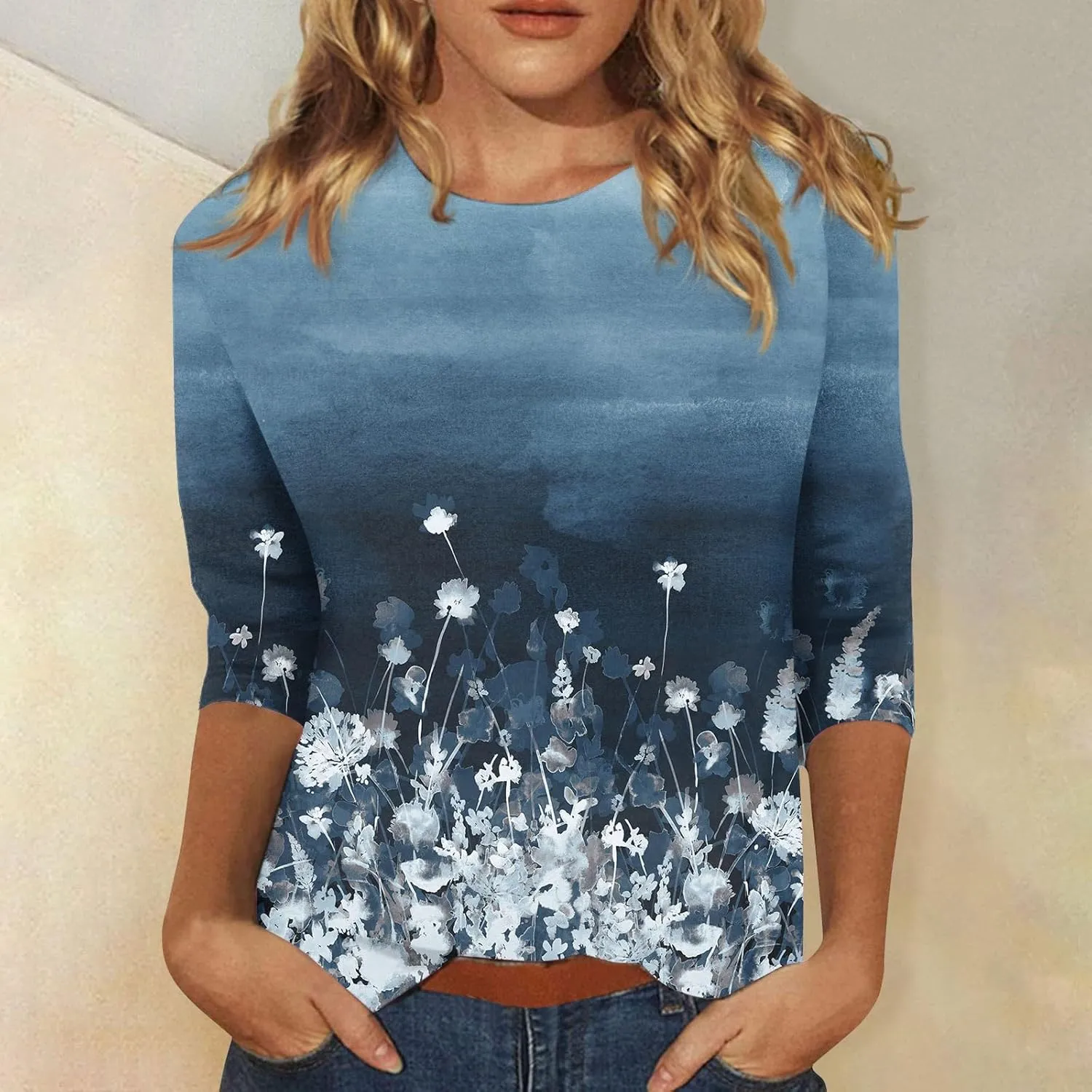 Women's 3/4 Sleeve Shirts Crew Neck Loose Tops Casual Floral Printed Tshirts Trendy Basic Tunic Summer Ladies Tops