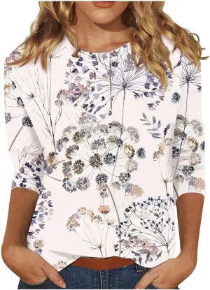 Women's 3/4 Sleeve Shirts Crew Neck Loose Tops Casual Floral Printed Tshirts Trendy Basic Tunic Summer Ladies Tops