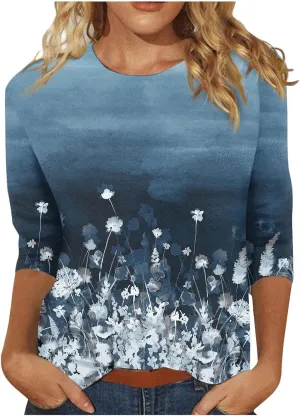 Women's 3/4 Sleeve Shirts Crew Neck Loose Tops Casual Floral Printed Tshirts Trendy Basic Tunic Summer Ladies Tops