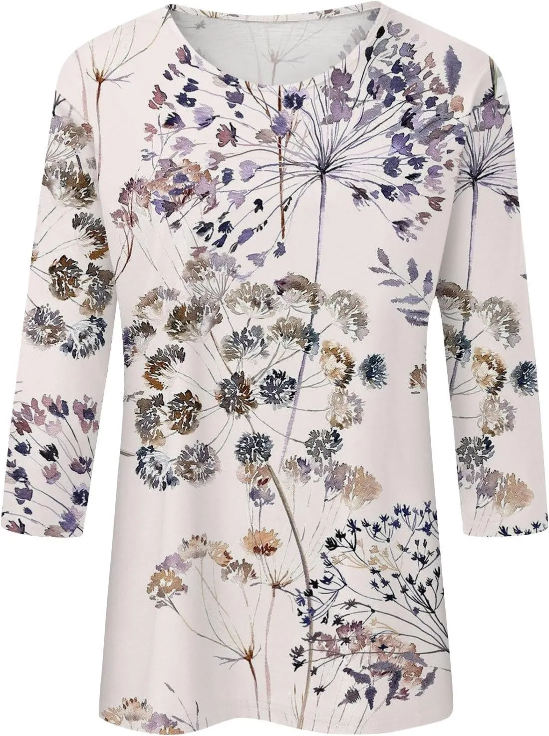 Women's 3/4 Sleeve Shirts Crew Neck Loose Tops Casual Floral Printed Tshirts Trendy Basic Tunic Summer Ladies Tops