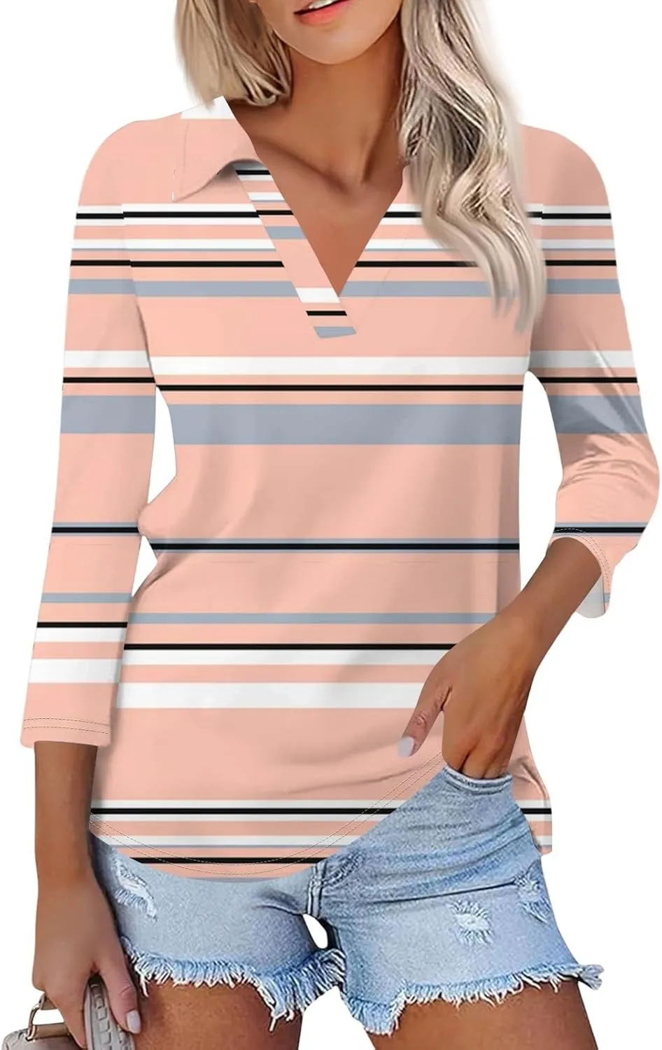 Women's 3/4 Sleeve Shirts V Neck Summer Polo Tops Casual Tunics Tops Basic Tees Blouse Loose Fit Plus Size S-3X