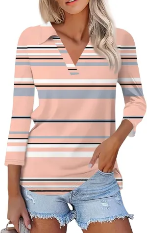 Women's 3/4 Sleeve Shirts V Neck Summer Polo Tops Casual Tunics Tops Basic Tees Blouse Loose Fit Plus Size S-3X