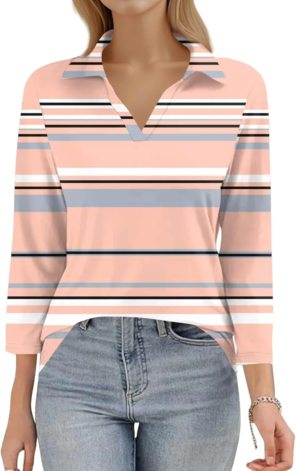 Women's 3/4 Sleeve Shirts V Neck Summer Polo Tops Casual Tunics Tops Basic Tees Blouse Loose Fit Plus Size S-3X