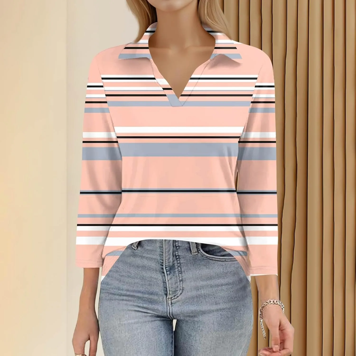 Women's 3/4 Sleeve Shirts V Neck Summer Polo Tops Casual Tunics Tops Basic Tees Blouse Loose Fit Plus Size S-3X