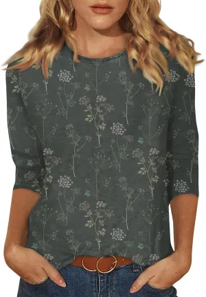 Womens 3/4 Sleeve Tops 2025 Spring Summer Print Round Neck Shirts Loose Fit Fashion Three Quarter Sleeve Tshirts