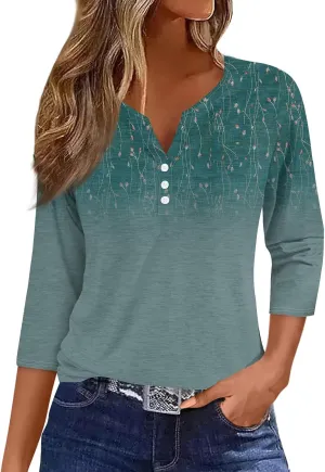 Women's 3/4 Sleeve Tops 2025 Summer Vacation Trendy Casual Shirts V Neck Loose Comfy Boho Clothes
