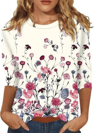 Womens 3/4 Sleeve Tops Womens Blouses Dressy Casual Loose Floral Print Pullover Tops Fall Fashion 2024