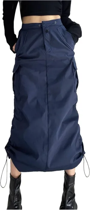 Women's Basic Pencil Skirts Women's Loose Casual Quick Drying Pleated Drawcord Work Suit Split Skirt Midi Skirt