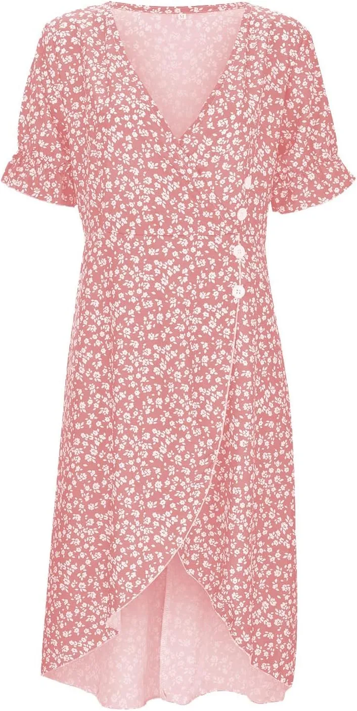 Women's Bohemian Floral Printed Short Sleeve Summer Dress Wrap V Neck Beach Flowy Irregular Hem Slit Midi Dresses
