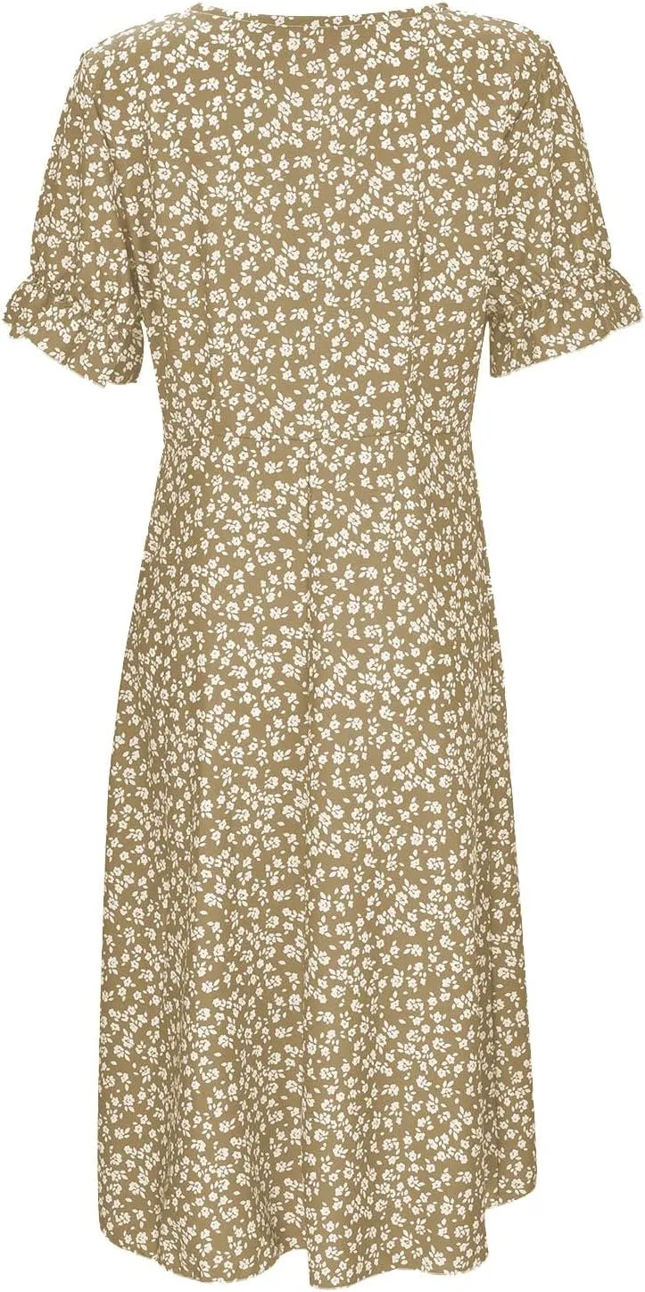Women's Bohemian Floral Printed Short Sleeve Summer Dress Wrap V Neck Beach Flowy Irregular Hem Slit Midi Dresses