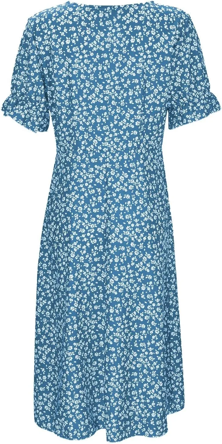 Women's Bohemian Floral Printed Short Sleeve Summer Dress Wrap V Neck Beach Flowy Irregular Hem Slit Midi Dresses