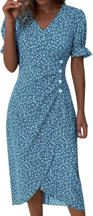 Women's Bohemian Floral Printed Short Sleeve Summer Dress Wrap V Neck Beach Flowy Irregular Hem Slit Midi Dresses