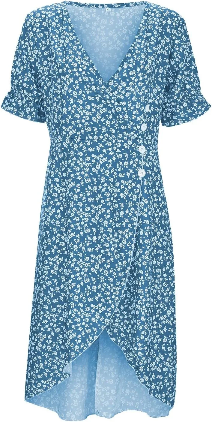 Women's Bohemian Floral Printed Short Sleeve Summer Dress Wrap V Neck Beach Flowy Irregular Hem Slit Midi Dresses