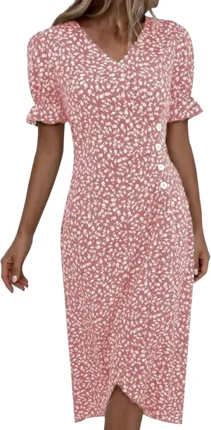 Women's Bohemian Floral Printed Short Sleeve Summer Dress Wrap V Neck Beach Flowy Irregular Hem Slit Midi Dresses