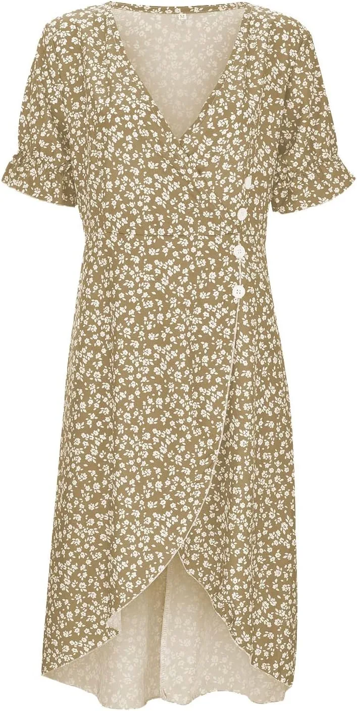 Women's Bohemian Floral Printed Short Sleeve Summer Dress Wrap V Neck Beach Flowy Irregular Hem Slit Midi Dresses