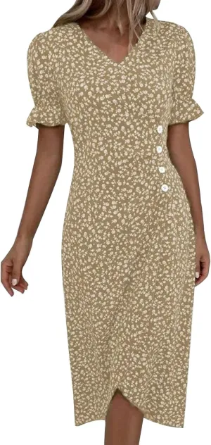 Women's Bohemian Floral Printed Short Sleeve Summer Dress Wrap V Neck Beach Flowy Irregular Hem Slit Midi Dresses